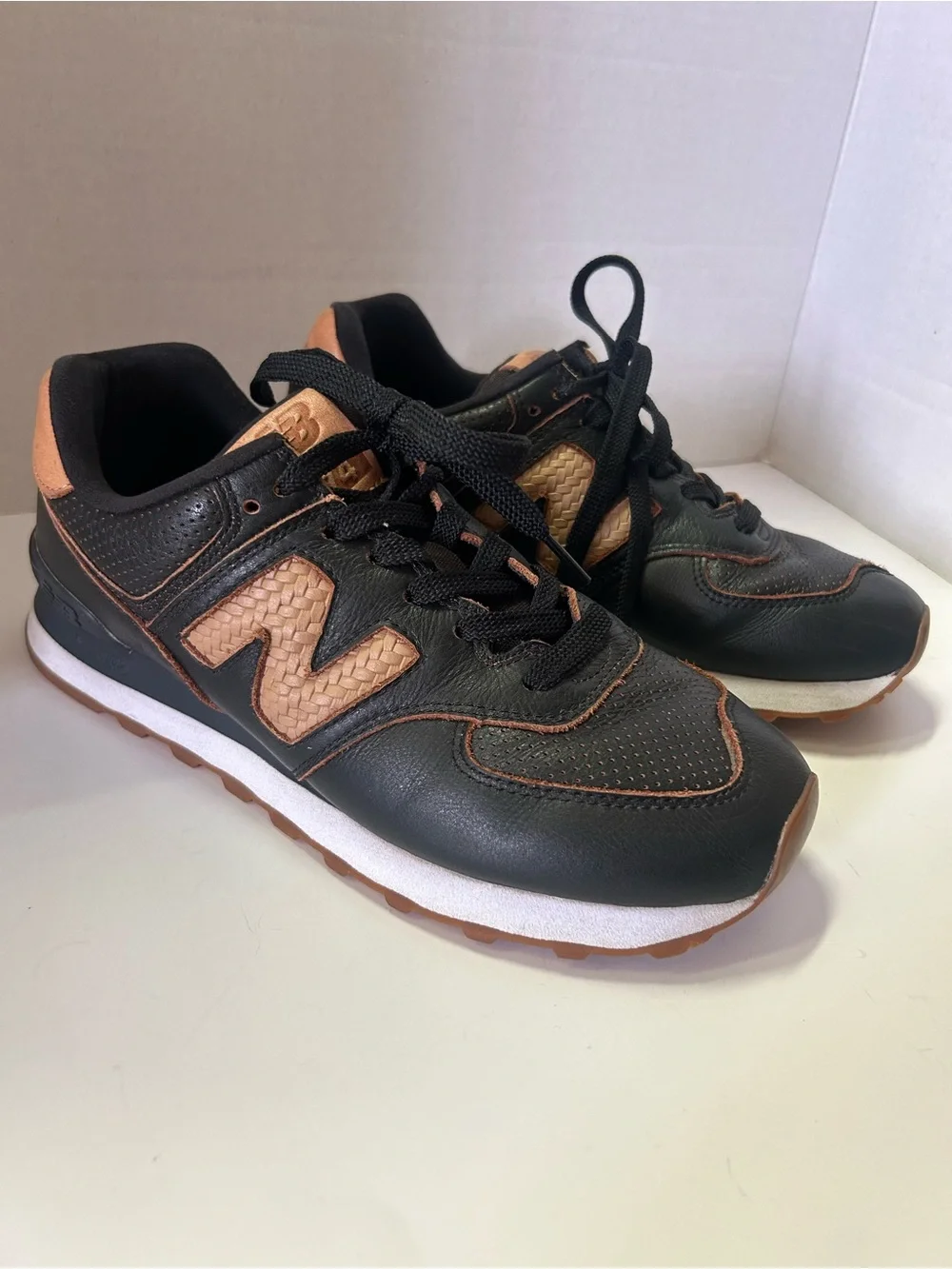 Rare New Balance 574 Leather Black Sneakers with Tan Leather Accents